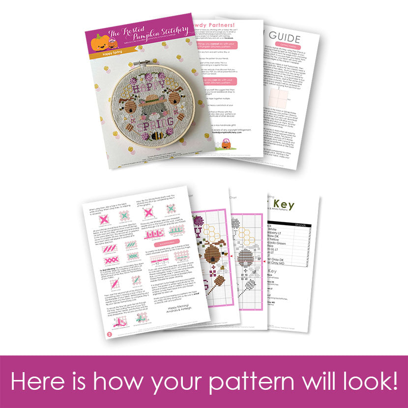 Graphic of how your Happy Spring cross stitch pattern will look. The pages are fanned out.