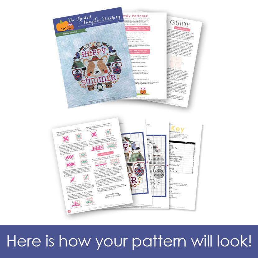 Graphic of how your Happy Summer cross stitch pattern will look. The pages are fanned out.