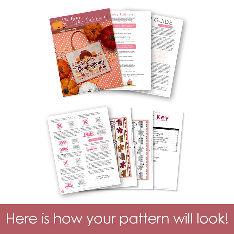 Graphic of how your cross stitch pattern will look. The pages are fanned out.