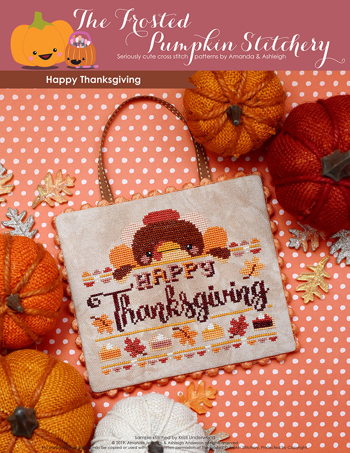 Happy Thanksgiving counted cross stitch pattern. Tom the Turkey peeks out over a banner that says "Happy Thanksgiving".