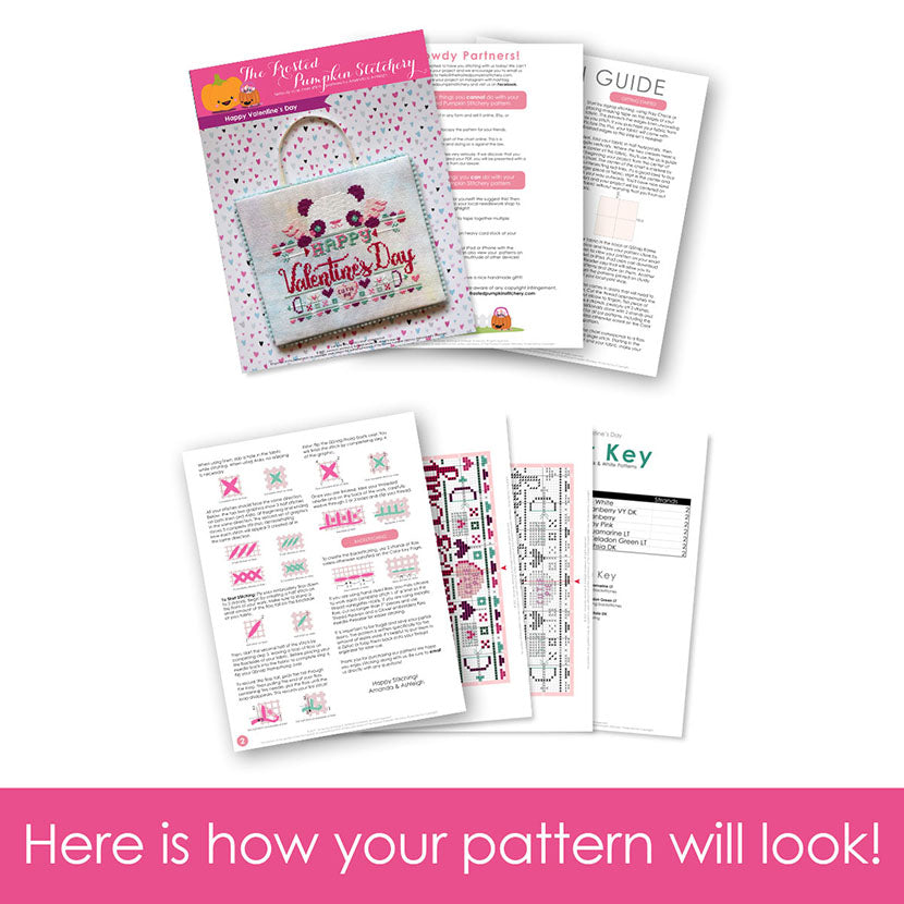 Graphic of how your cross stitch pattern will look. The pages are fanned out.