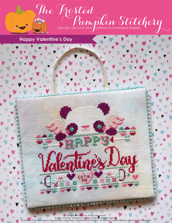 Happy Valentine's Day Cross Stitch Pattern. This pattern features a panda dressed as cupid, bow and arrows, a "cutie pie" conversation heart  and the phrase "Happy Valentine's Day.
