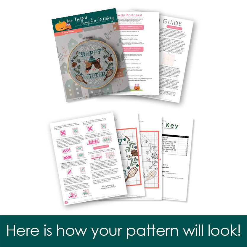 Graphic of how your cross stitch pattern will look. The pages are fanned out.