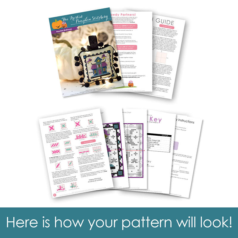Graphic of how your cross stitch pattern will look. The pages are fanned out.