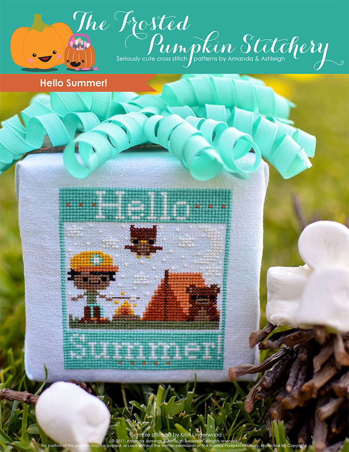 Hello Summer counted cross stitch pattern. A brown skinned boy in an orange cap is tent camping, roasting a marshmallow and hanging out with an owl and bear.