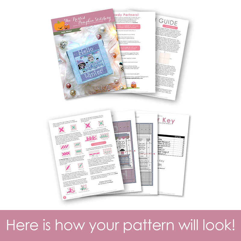 Graphic of how your cross stitch pattern will look. The pages are fanned out.