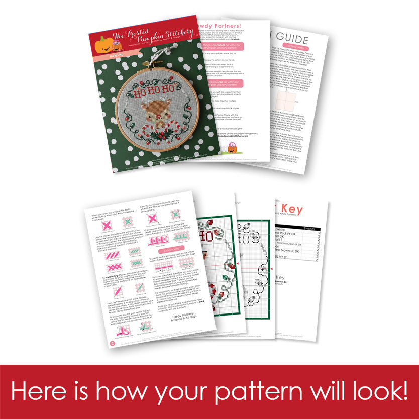 Graphic of how your cross stitch pattern will look. The pages are fanned out.