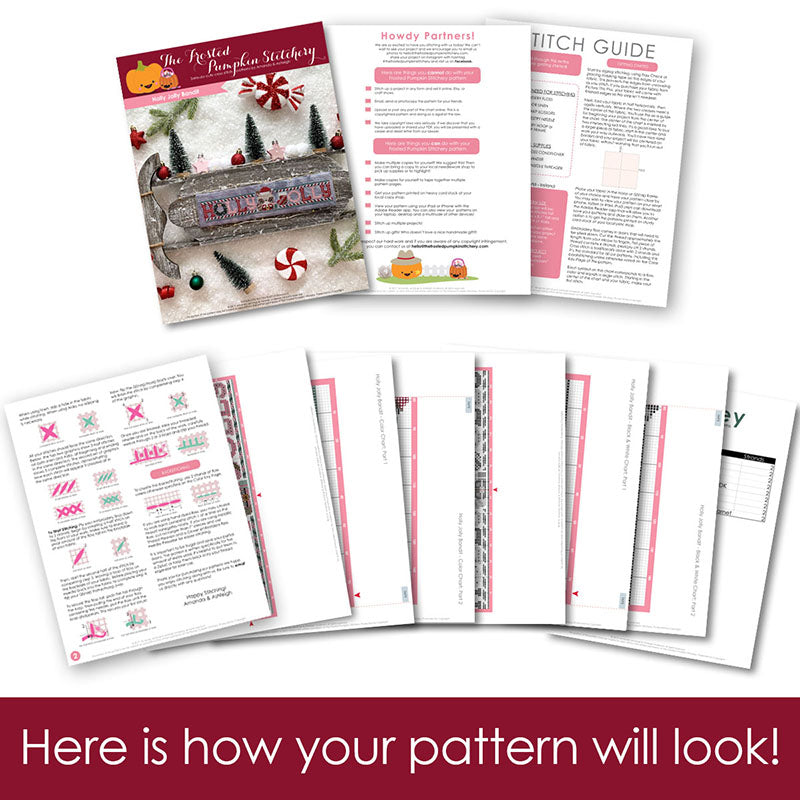 Graphic of how your cross stitch pattern will look. The pages are fanned out.