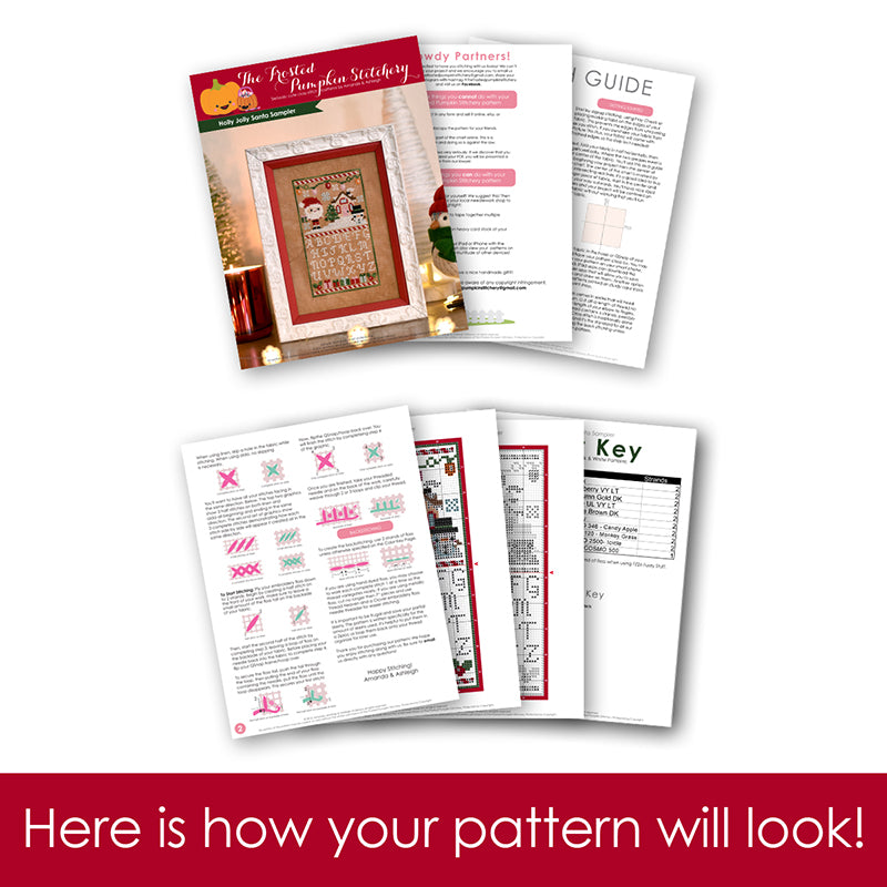 Graphic of how your cross stitch pattern will look. The pages are fanned out.