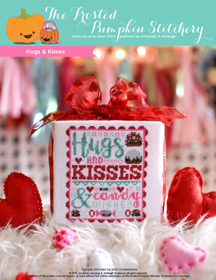 Hugs and Kisses counted cross stitch pattern. Text reads "Hugs and Kisses and Candy Wishes".