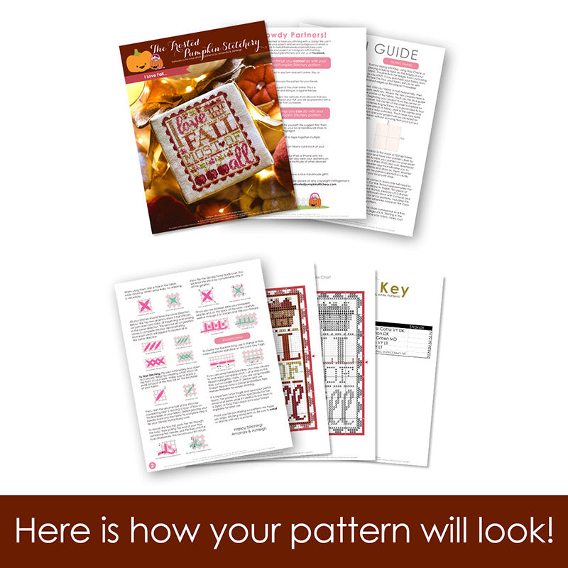 Graphic of how your cross stitch pattern will look. The pages are fanned out.