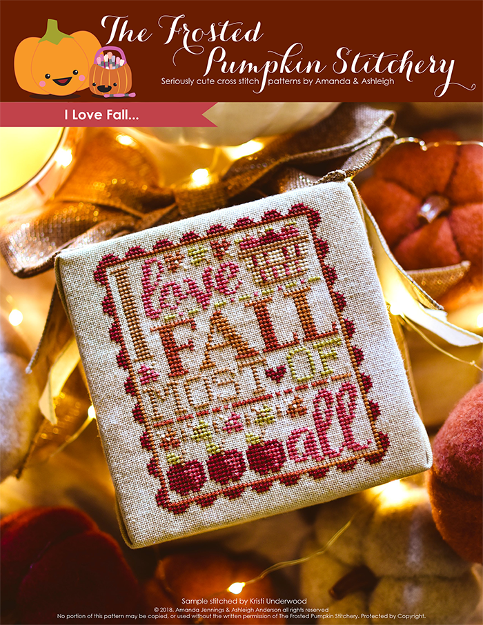 I love Fall counted cross stitch pattern. Text reads "I love fall most of all" in variegated embroidery floss with a basket of apples and surrounded by apples.