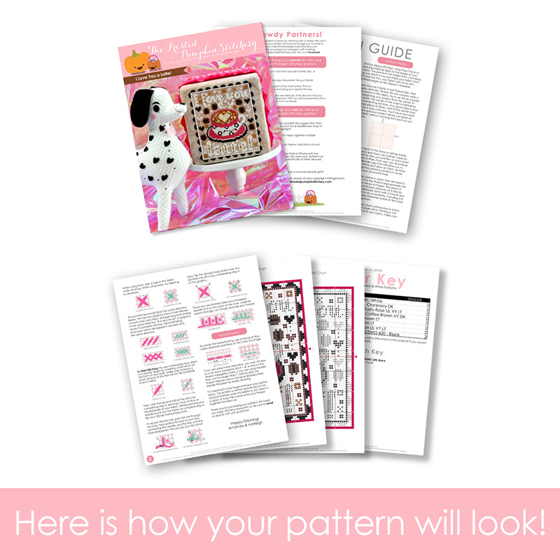 Graphic of how your cross stitch pattern will look. The pages are fanned out.