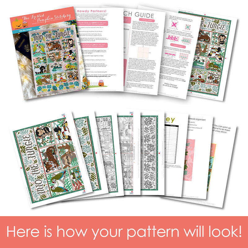 Graphic of how your cross stitch pattern will look. The pages are fanned out.