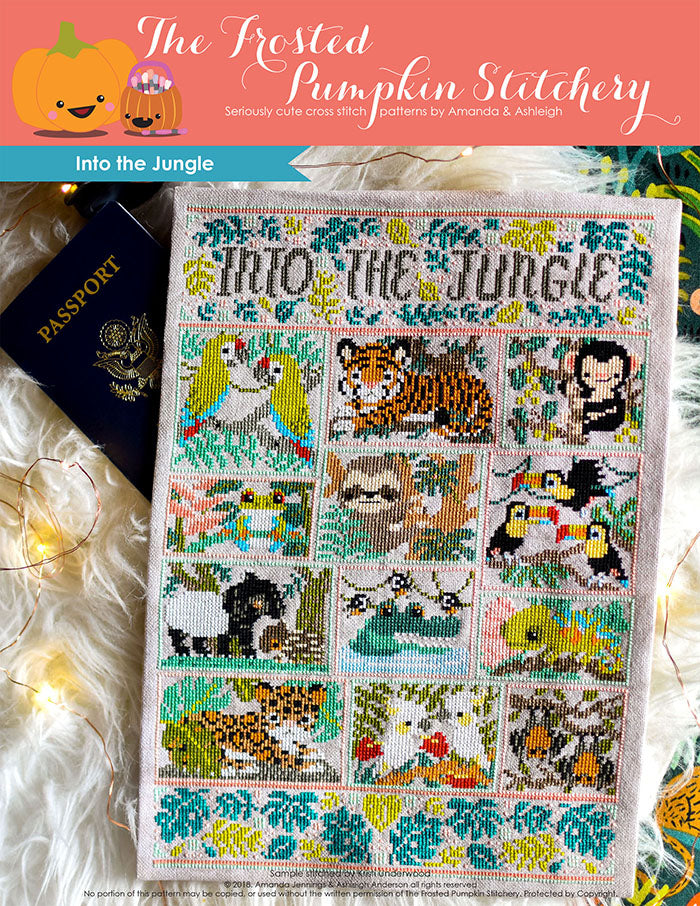 Into the Jungle counted cross stitch pattern. Text reads "into the jungle". Chart of macaws, sloth, monkey, chameleon and other jungle animals.