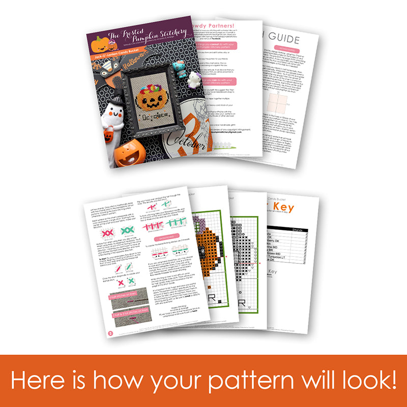 Graphic of how your cross stitch pattern will look. The pages are fanned out.