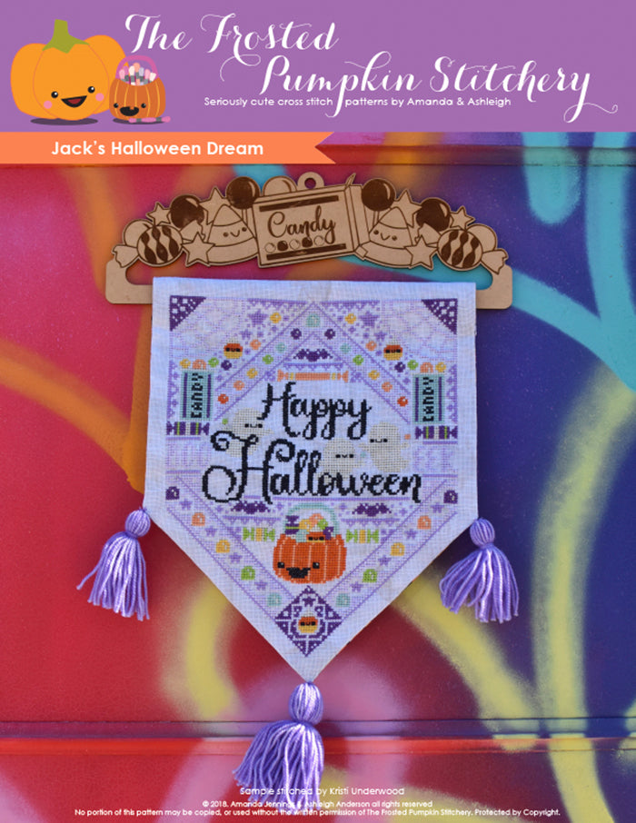 Jacks Halloween Dream counted cross stitch pattern. A hanging banner on a graffiti background. Text reads "Happy Halloween".
