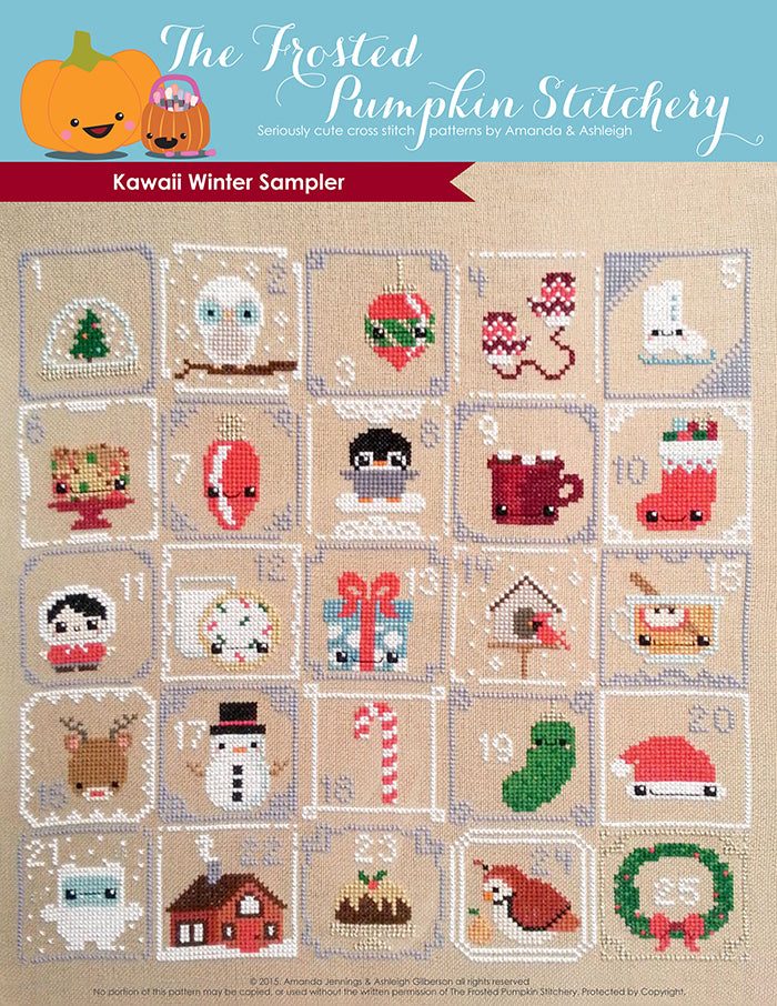 Kawaii Winter Sampler Counted Cross Stitch Pattern. Numbers 1-25 with various items in squares in this Christmas countdown pattern.