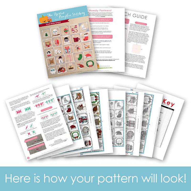 Graphic of how your cross stitch pattern will look. The pages are fanned out.