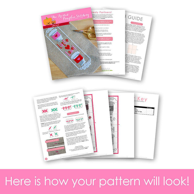 Graphic of how your cross stitch pattern will look. The pages are fanned out.