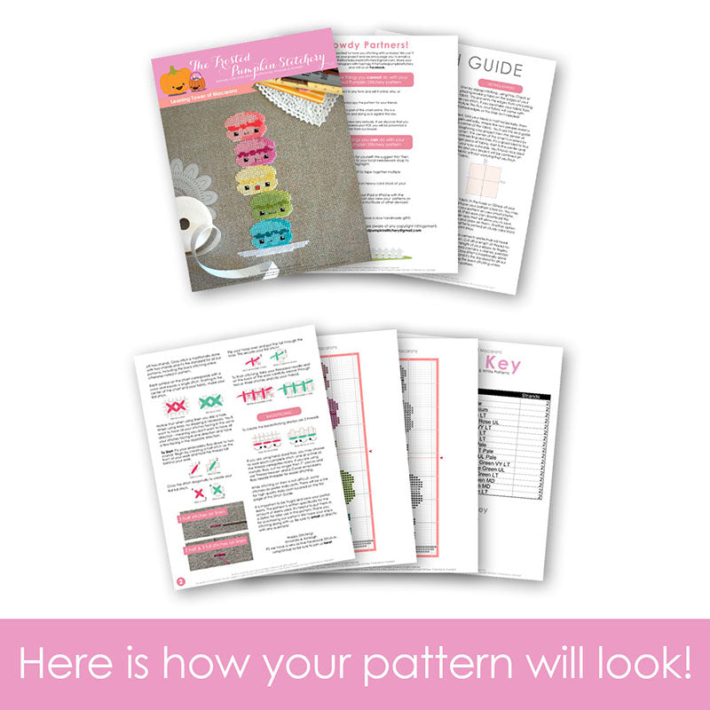 Graphic of how your cross stitch pattern will look. The pages are fanned out.