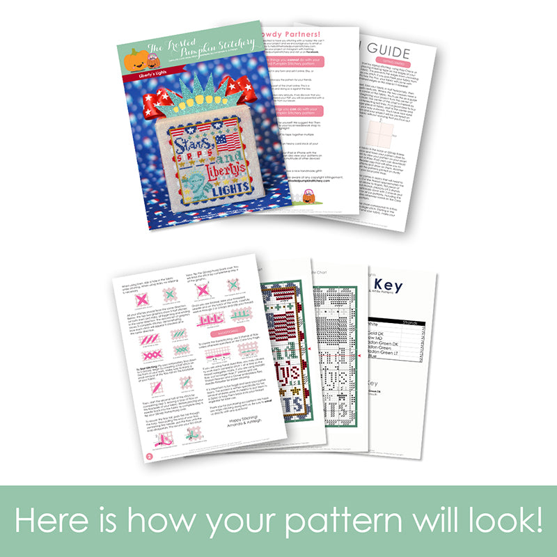 Graphic of how your cross stitch pattern will look. The pages are fanned out.