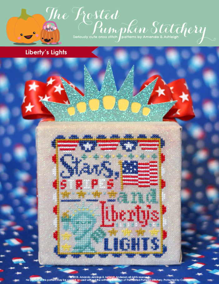 Liberty's Lights counted cross stitch pattern. Text reads "stars, stripes and Liberty's Lights".