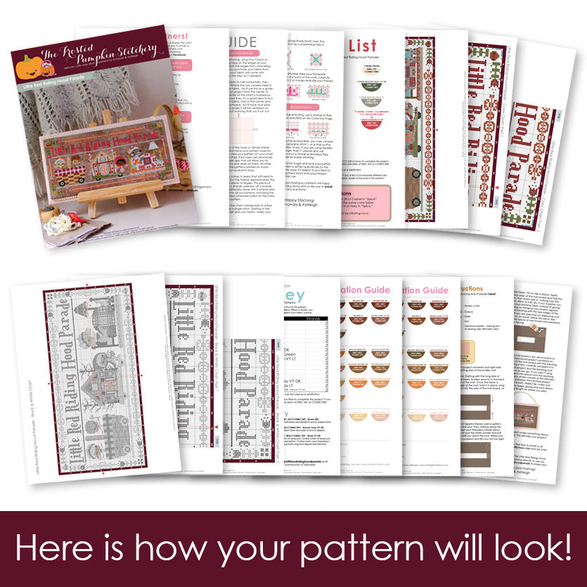 Graphic of how your cross stitch pattern will look. The pages are fanned out.