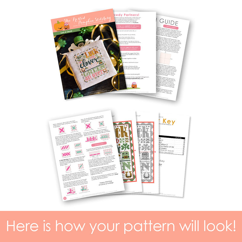 Graphic of how your cross stitch pattern will look. The pages are fanned out.
