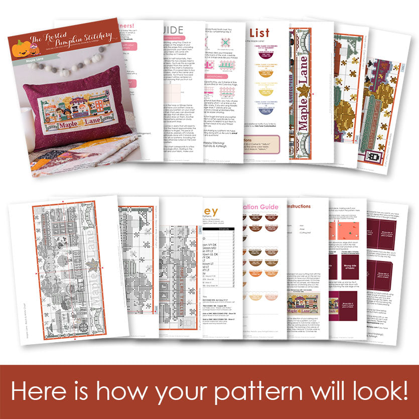 Maple Lane Cross Stitch Pattern. Graphic shows 16 pages of the Maple Lane pattern fanned out.