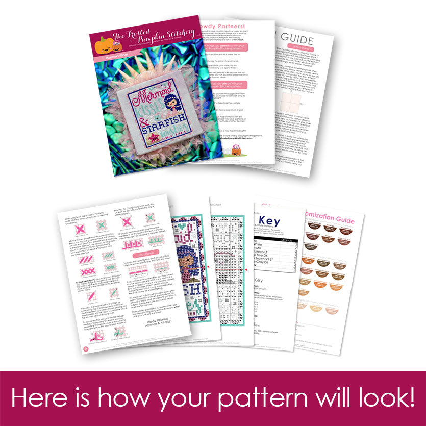 Graphic of how your cross stitch pattern will look. The pages are fanned out.