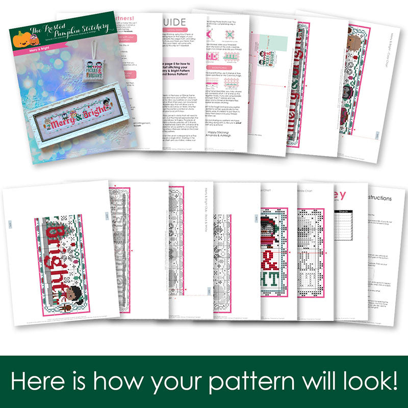 Graphic of how your cross stitch pattern will look. The pages are fanned out.