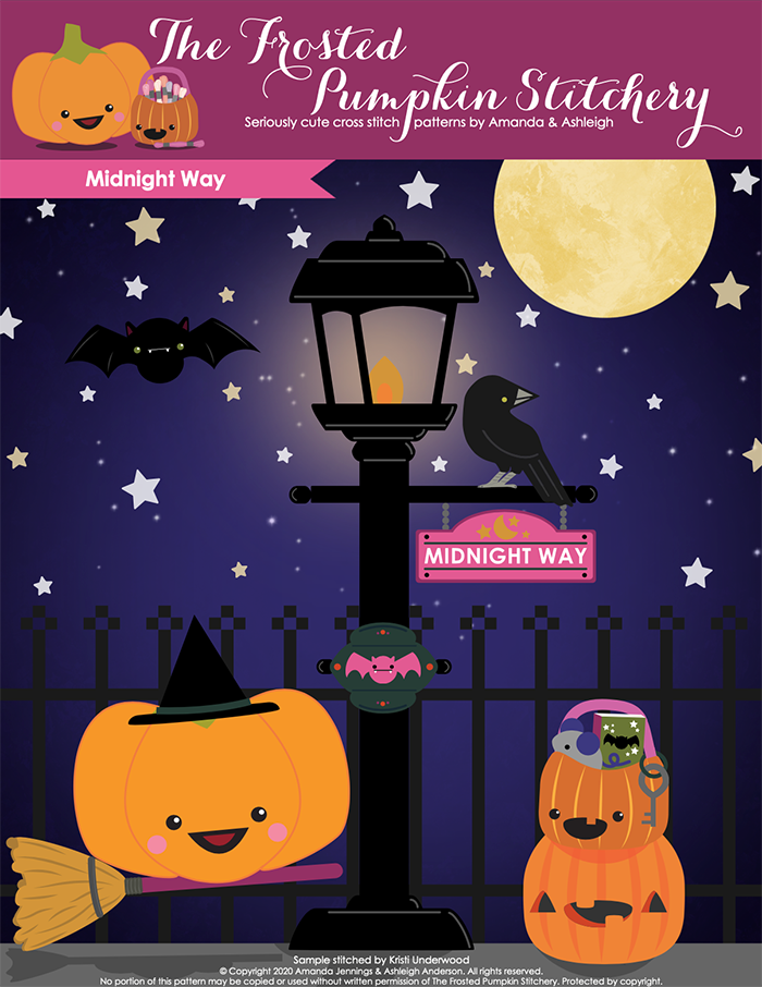 Graphic cover image of a purple background with stars and a moon. A lit lamp post with a crow sits on it, there is a sign hanging that says "Midnight Way". Sugarloaf is dressed as a witch riding a broom and Jack is holding books and a mouse in his pail.