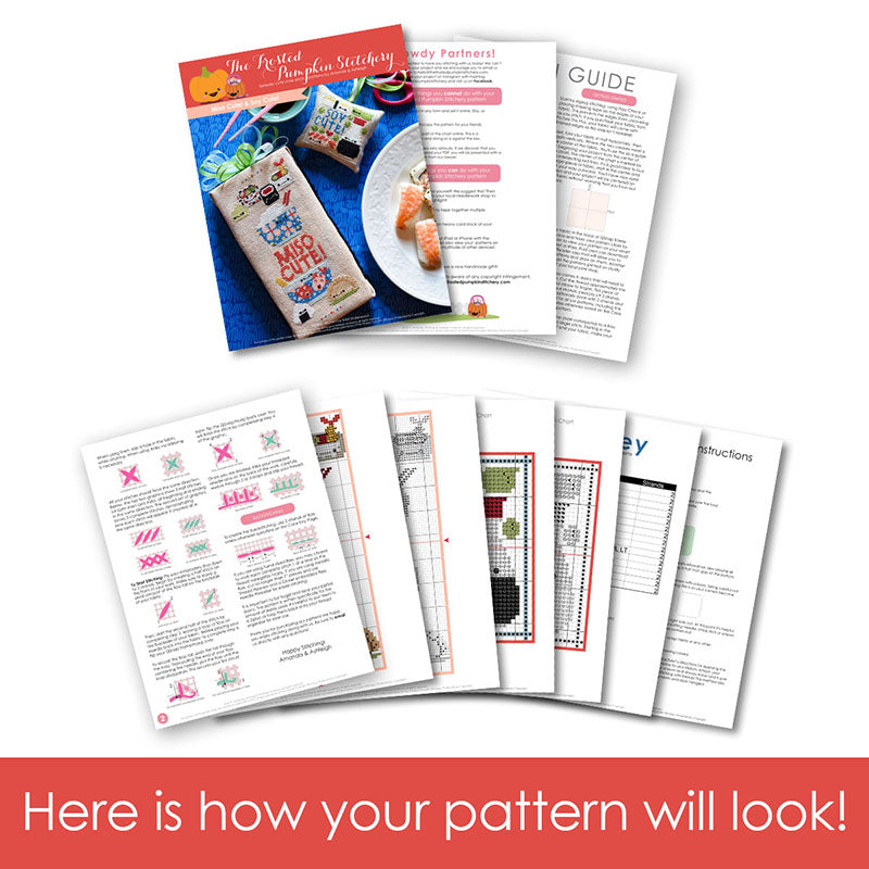 Graphic of how your cross stitch pattern will look. The pages are fanned out.