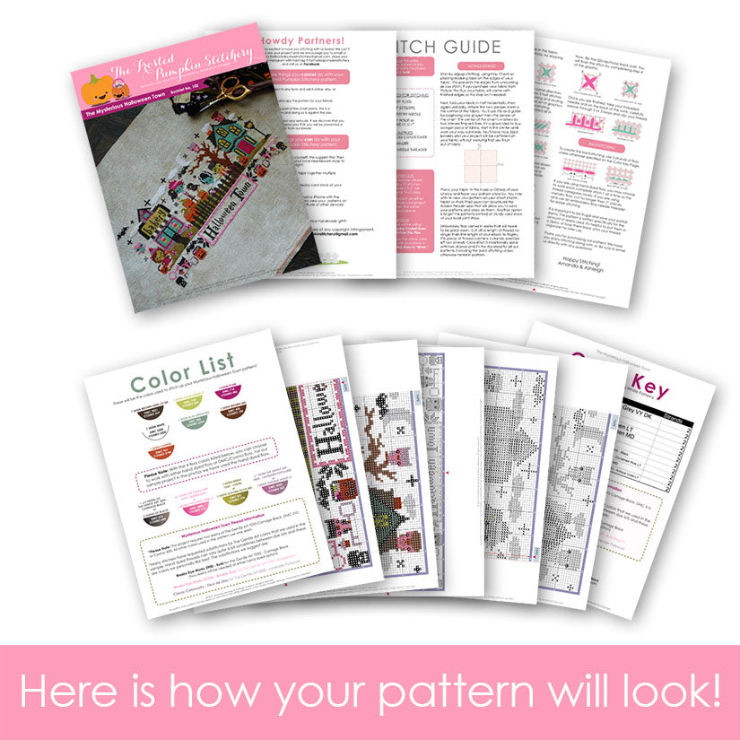 Graphic of how your cross stitch pattern will look. The pages are fanned out.