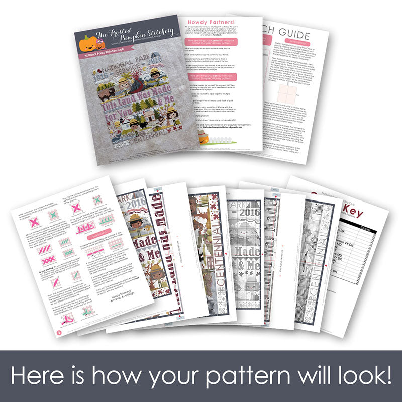 Graphic of how your cross stitch pattern will look. The pages are fanned out.