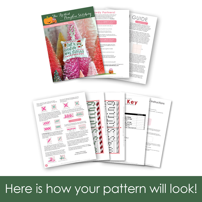 Graphic of how your cross stitch pattern will look. The pages are fanned out.