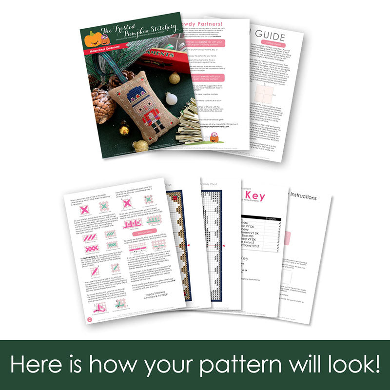 Graphic of how your cross stitch pattern will look. The pages are fanned out.