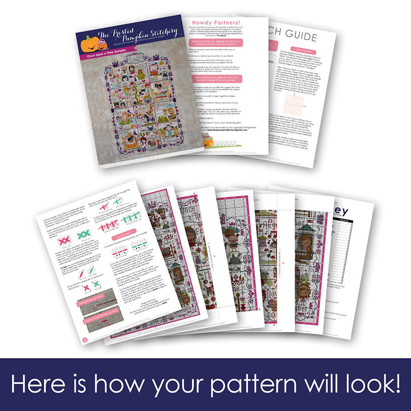 Graphic of how your cross stitch pattern will look. The pages are fanned out.