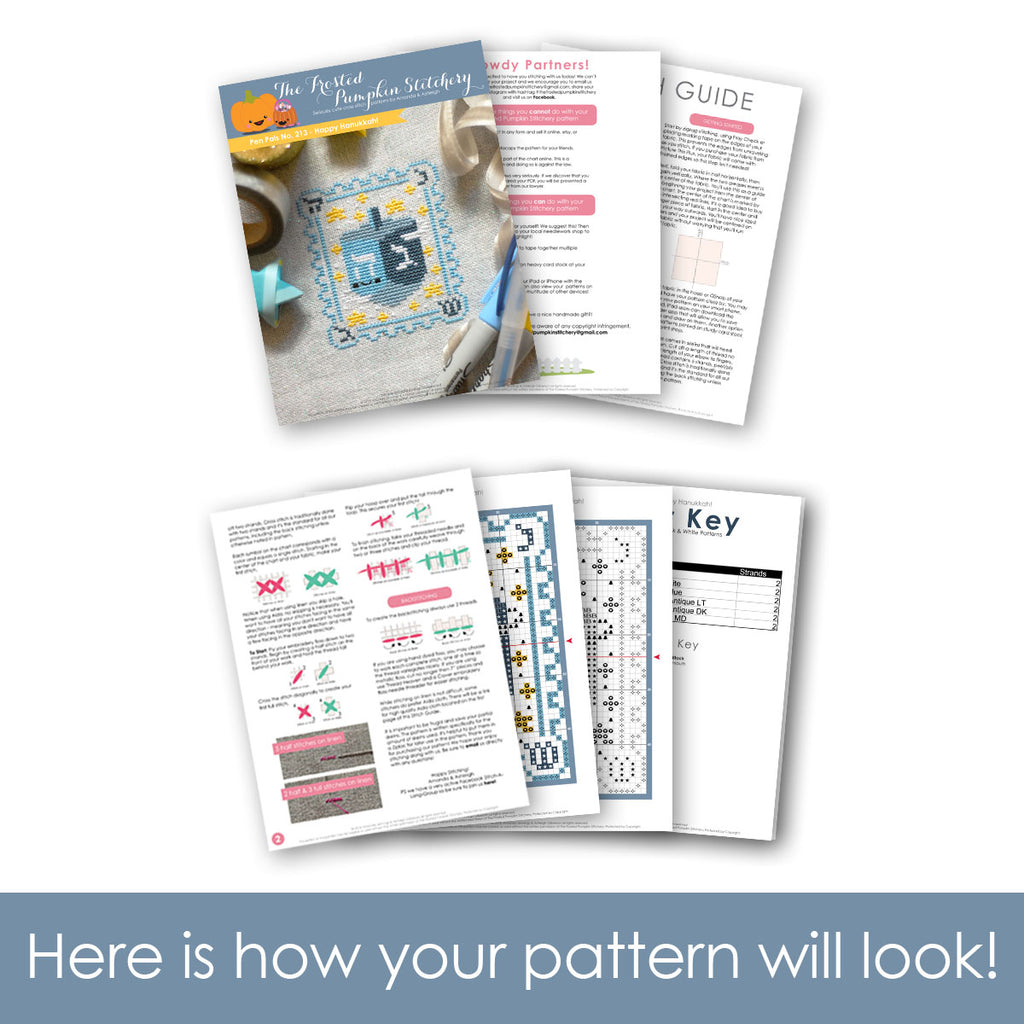 Graphic of how your cross stitch pattern will look. The pages are fanned out.