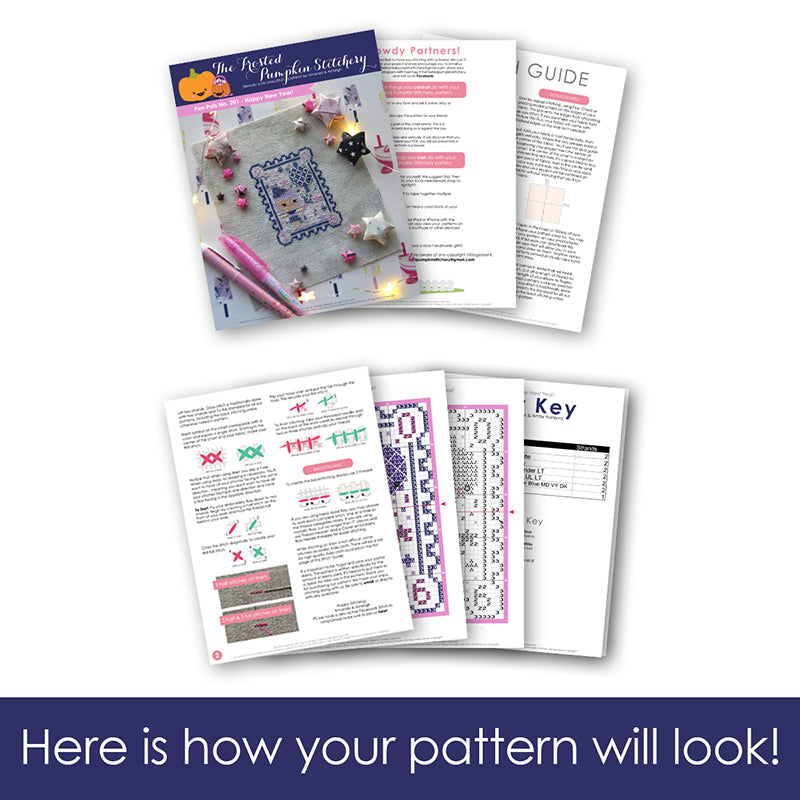 Graphic of how your cross stitch pattern will look. The pages are fanned out.