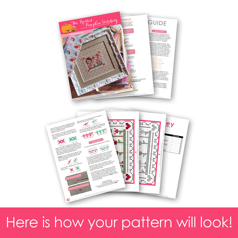 Graphic of how your cross stitch pattern will look. The pages are fanned out.
