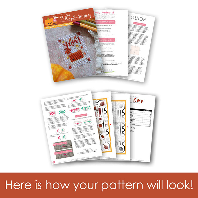 Graphic of how your cross stitch pattern will look. The pages are fanned out.