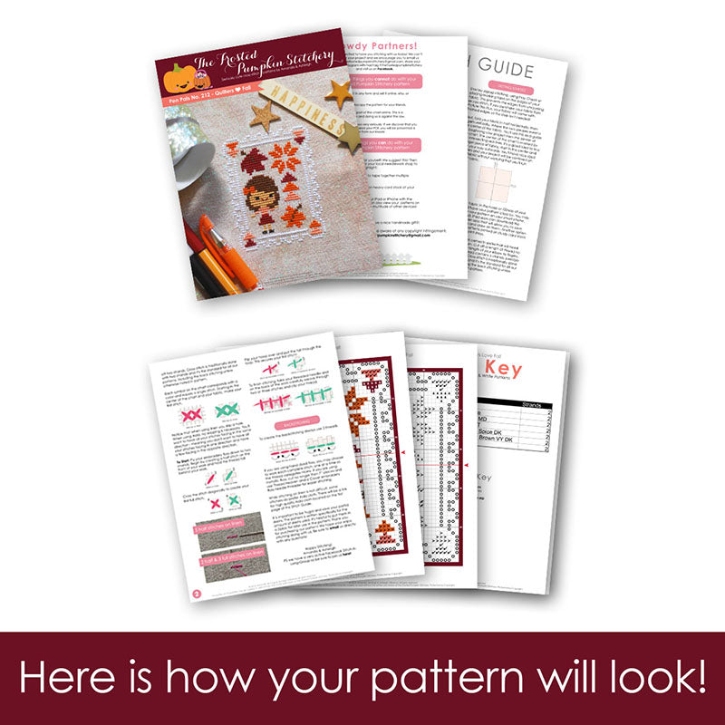 Graphic of how your cross stitch pattern will look. The pages are fanned out.