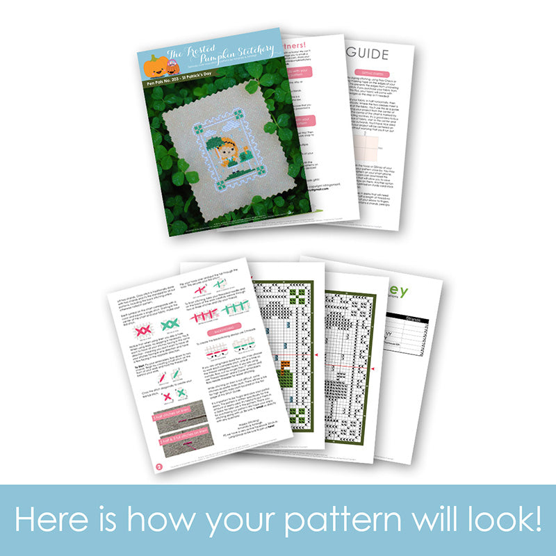 Graphic of how your cross stitch pattern will look. The pages are fanned out.