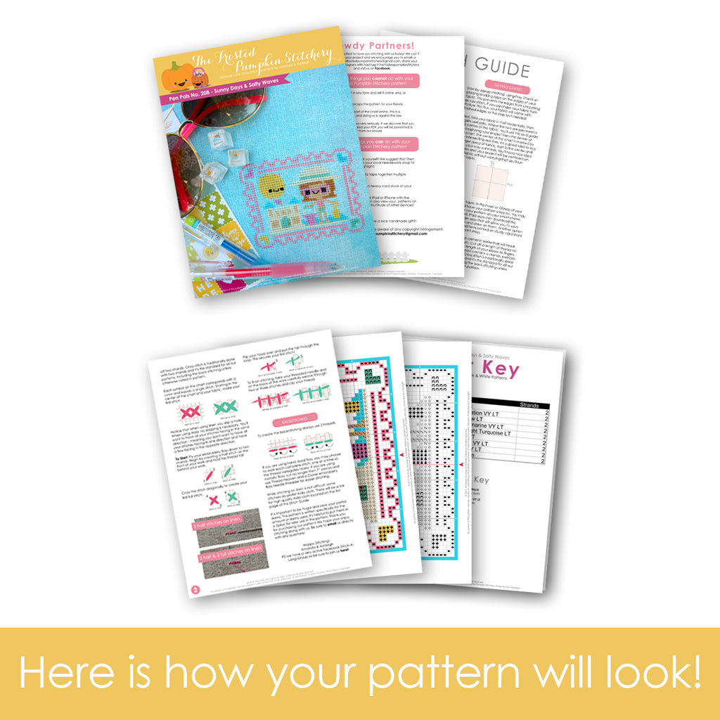 Graphic of how your cross stitch pattern will look. The pages are fanned out.