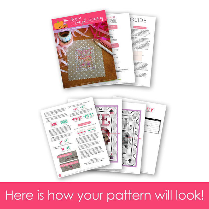 Graphic of how your cross stitch pattern will look. The pages are fanned out.