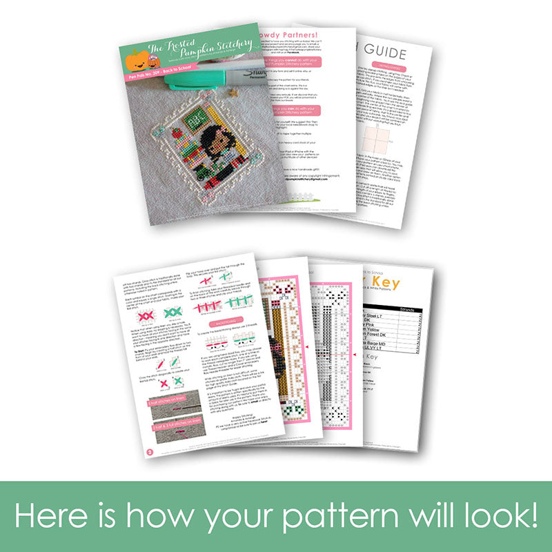 Graphic of how your cross stitch pattern will look. The pages are fanned out.