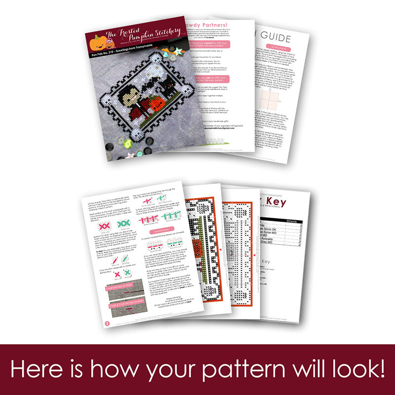 Graphic of how your cross stitch pattern will look. The pages are fanned out.