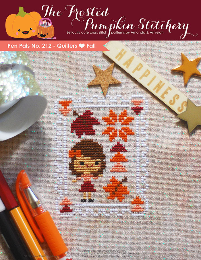 Pen Pals No 212 Quilters Love Fall counted cross stitch pattern. A fair skinned girl with brown hair and an orange bow stands next to quilt blocks.